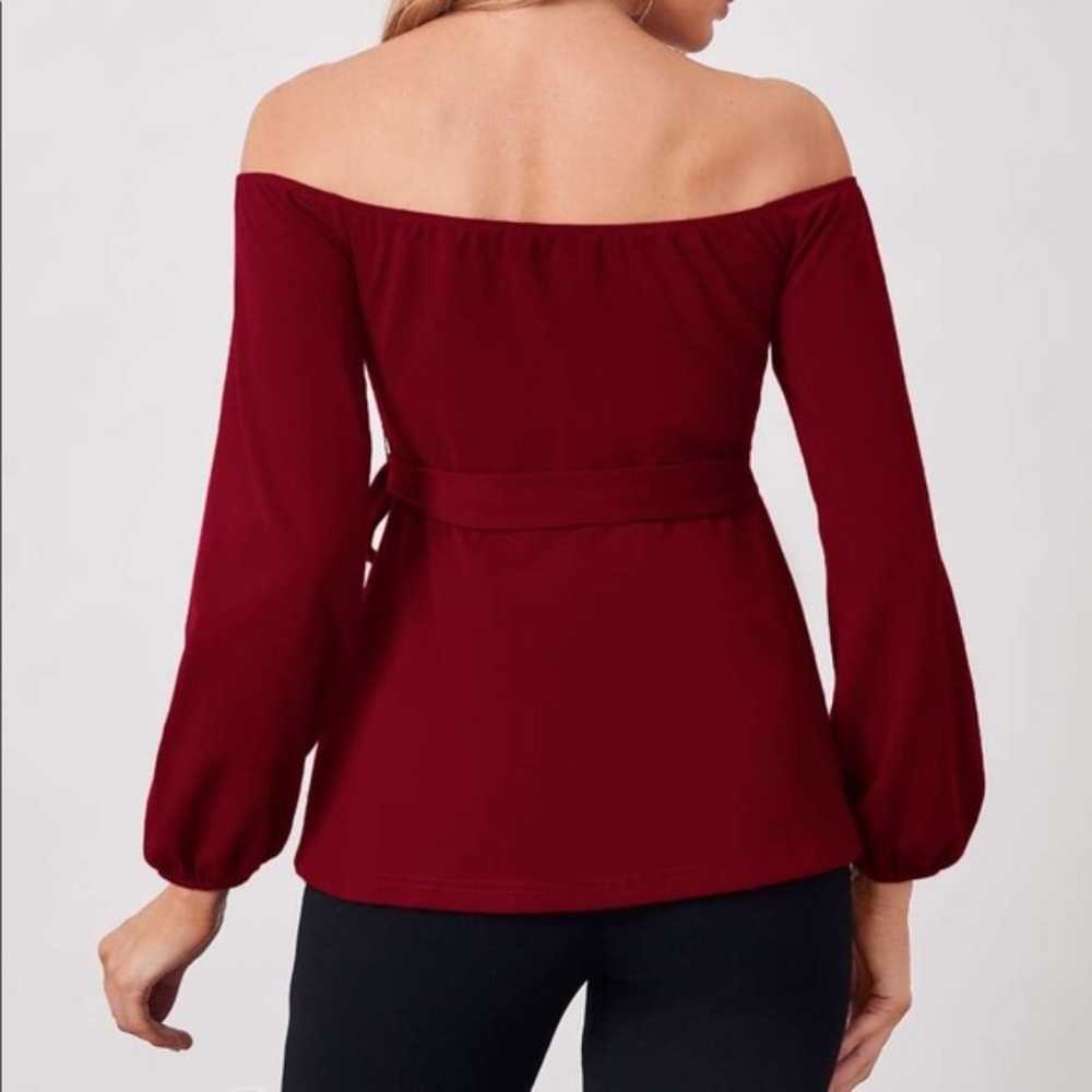 MATERNITY Burgundy off shoulder belted blouse Minimalist - Picture 2 of 7